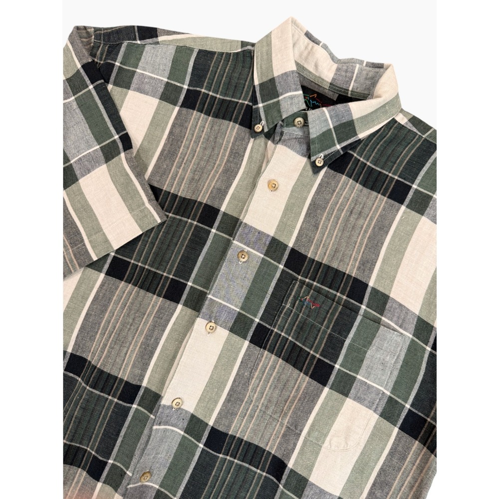 GREG NORMAN Collection Short Sleeve Shirt Mens M Green Plaid Linen Blend